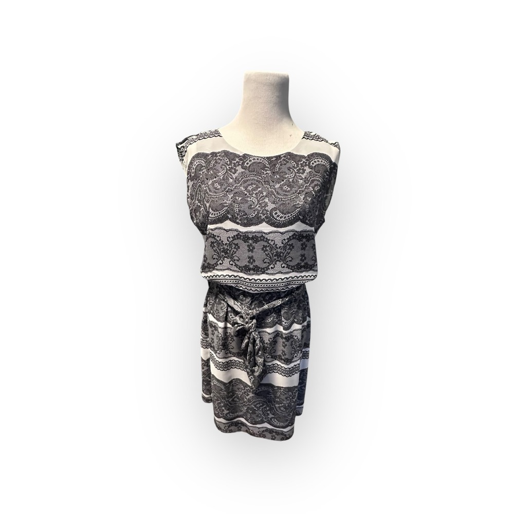 Womens‎ Black White Lace Print Sleeveless Blouson Sheath Dress with Tie Belt